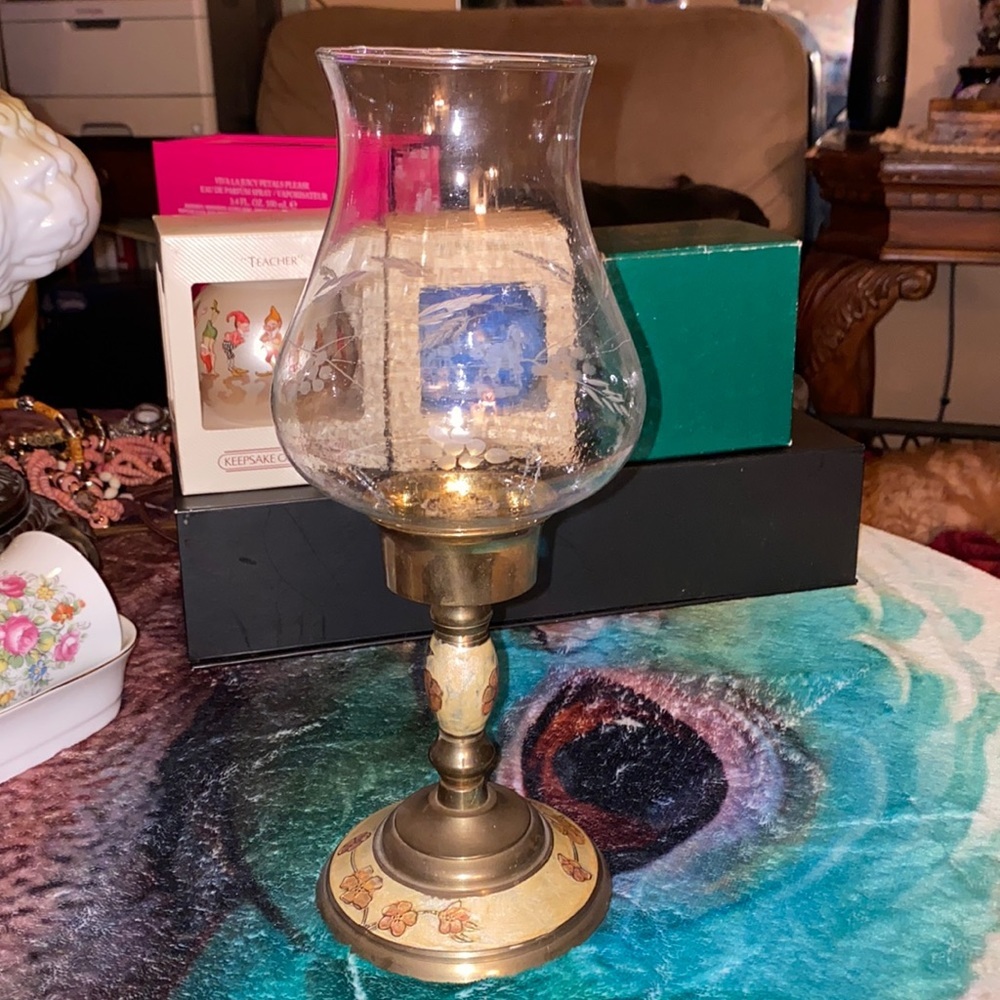 Unique Vintage Brass candle holder with an etched glass shade